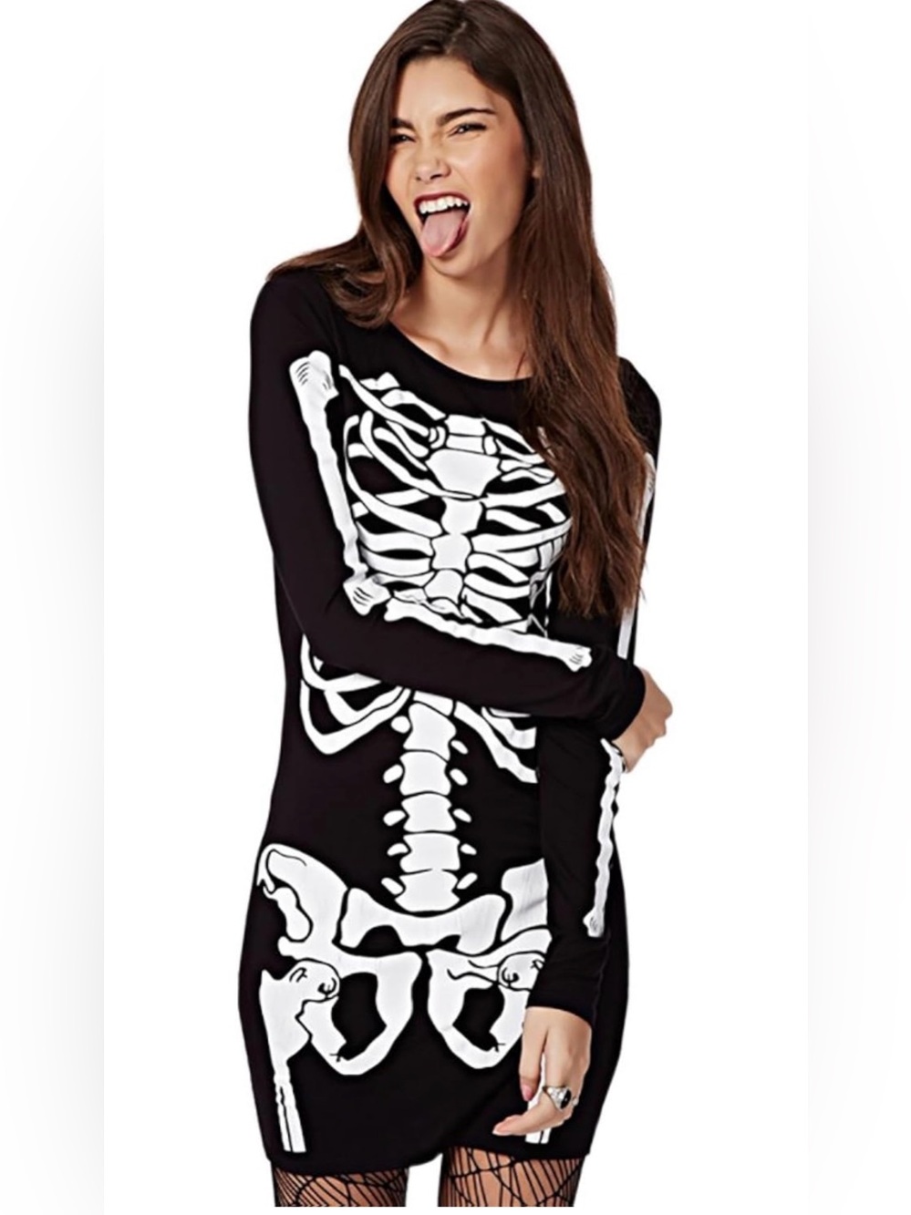 Women's Black Long Sleeve Skeleton Graphic Dress Top